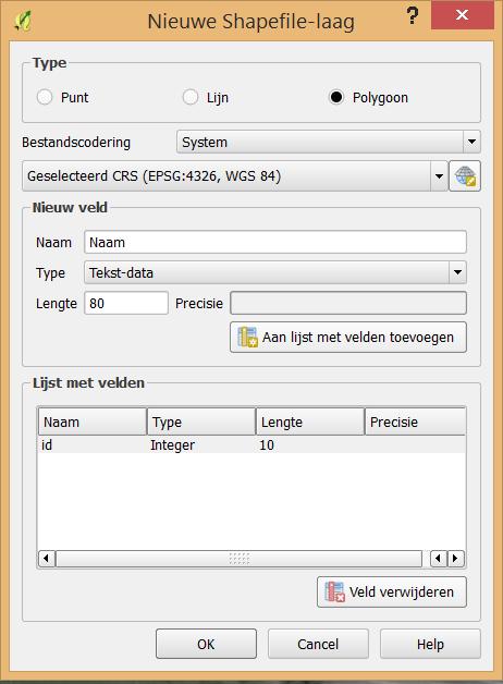 Kies bij Type voor Tekst-data. Klik dan op Aan lijst met velden toevoegen (figuur 6). Klik vervolgens op OK. Figuur 6 - Sla de laag op. Noem het bestand Cinemec_KNAG.