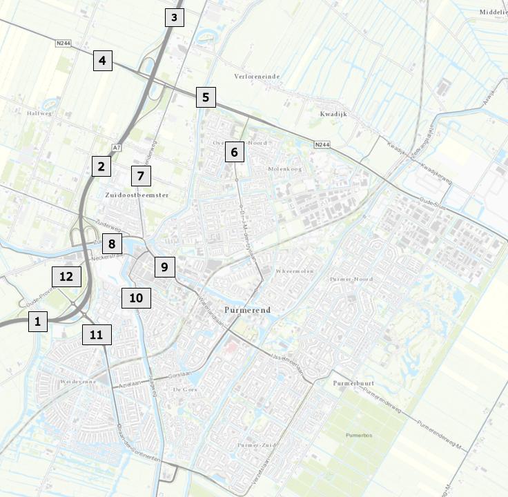 Figuur 1 Weergave meetpunten om en nabij Purmerend Hoofdwegennet Op het hoofdwegennet rondom Purmerend zijn de verschillen op etmaalniveau bij variant APC ten opzichte van de referentie situatie
