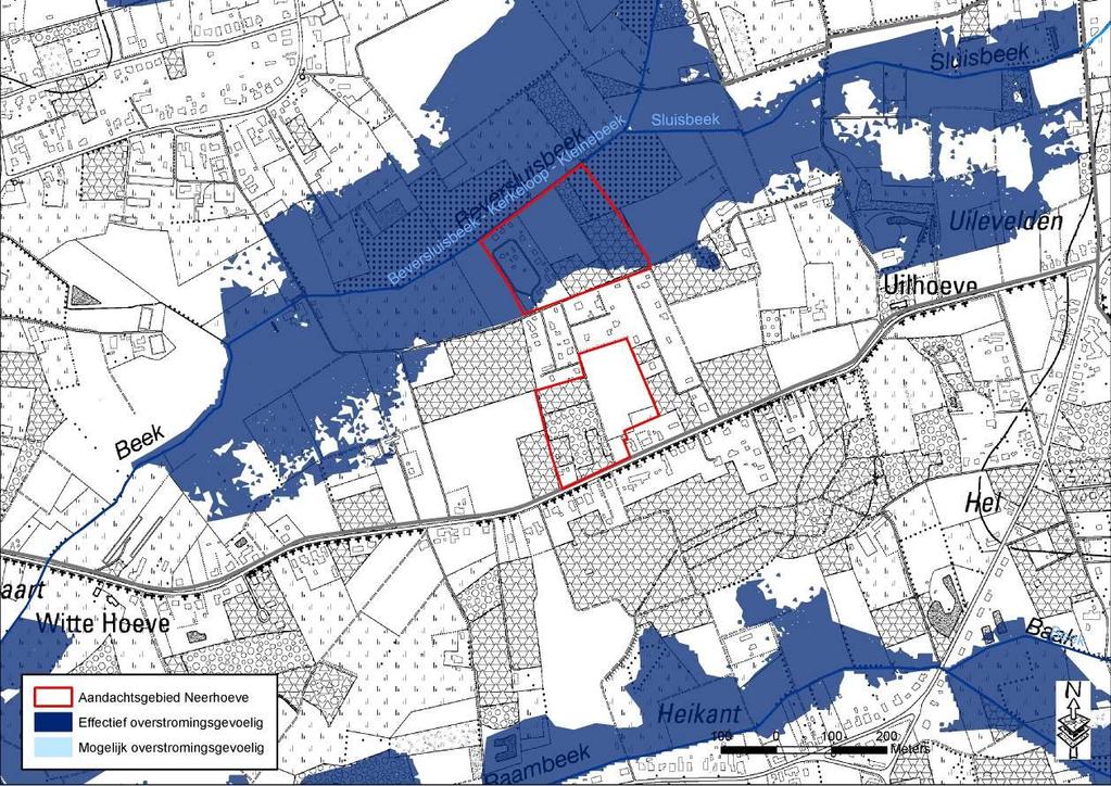 Het noordelijk deel van het aandachtsgebied is bijna volledig gelegen in effectief overstromingsgevoelig gebied (donkerblauw op figuur 8).