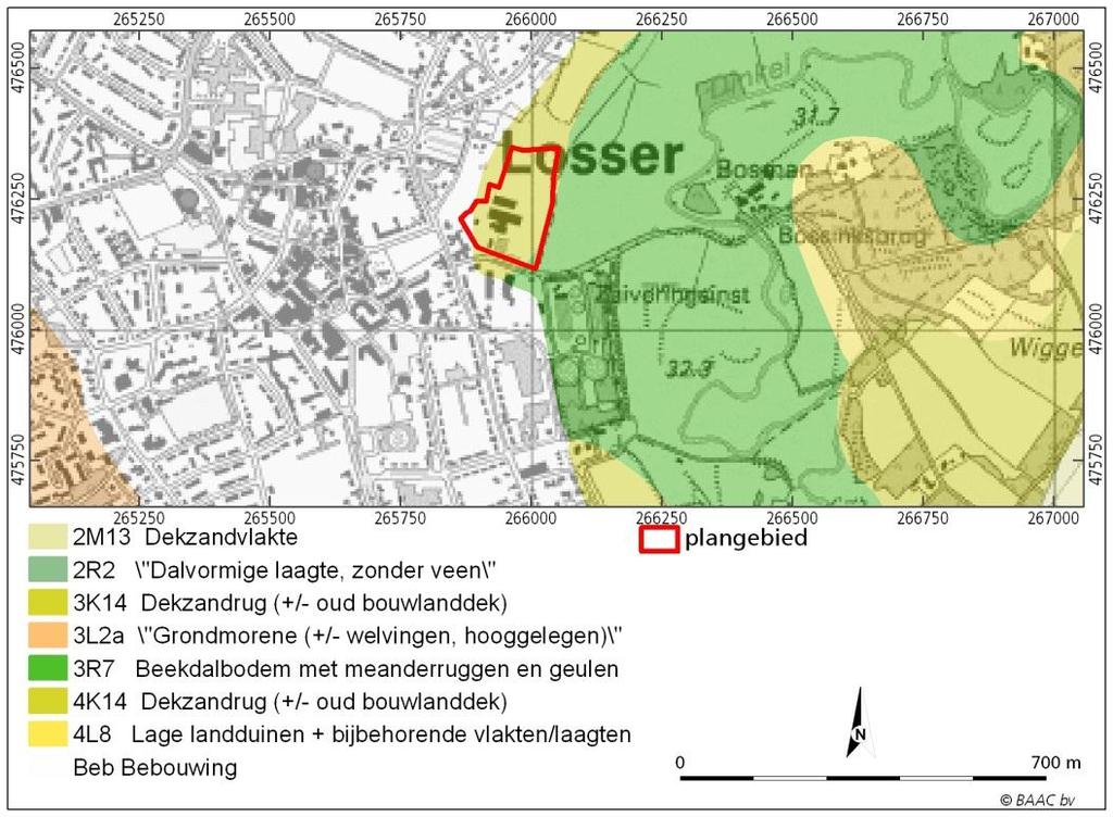 Figuur 2.1: Uitsnede van de geomorfologische kaart van Nederland. Figuur 2.2: Schematische doorsnede van een beekdalbodem Het plangebied zal in deze situatie ongeveer ter hoogte van de pijl liggen.