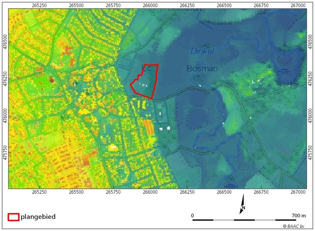 De lichtblauw en blauwgroen gekleurde zones liggen tussen 32,5 en 33,5 m +NAP, de geel en groen gekleurde zones ten westen van het plangebied liggen op meer dan 34 m +NAP en de