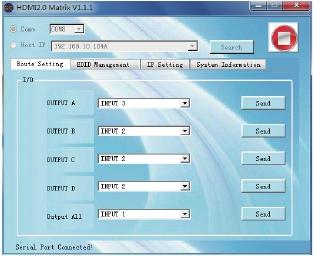 Interface PC-besturingssoftware: Route-instelling In de interface Route Setting kunt u een ingangspoort naar een uitgangspoort, of elke ingangspoort naar alle uitgangspoorten instellen.