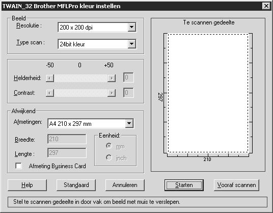 De scanner selecteren Als u TWAIN-32 Brother MFL Pro kleur als uw scanner driver wilt gebruiken, selecteert u deze onder Bron selecteren of Selecteert u in uw software de optie voor het selecteren