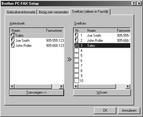 door in het dialoogvenster Brother PC-FAX Setup te klikken op het tabblad Snelkies.