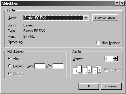 3 Selecteer Brother PC-FAX als uw printer en klik vervolgens op OK. Het dialoogvenster Fax verzenden wordt geopend. 4 Typ in het veld Aan: het faxnummer van de geadresseerde.