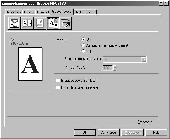 Pagina-instelling U kunt de functie Scaling gebruiken om te bepalen hoe groot uw document wordt afgedrukt. 1.