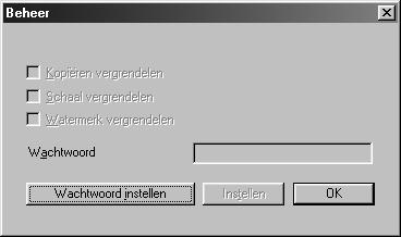 Beheerder (alleen bij gebruik van Windows 95/98/98SE/Me) Via de optie Beheerder kunt u de opties Kopíëren, Schaal en Watermerk vergrendelen en met een Wachtwoord beveiligen.