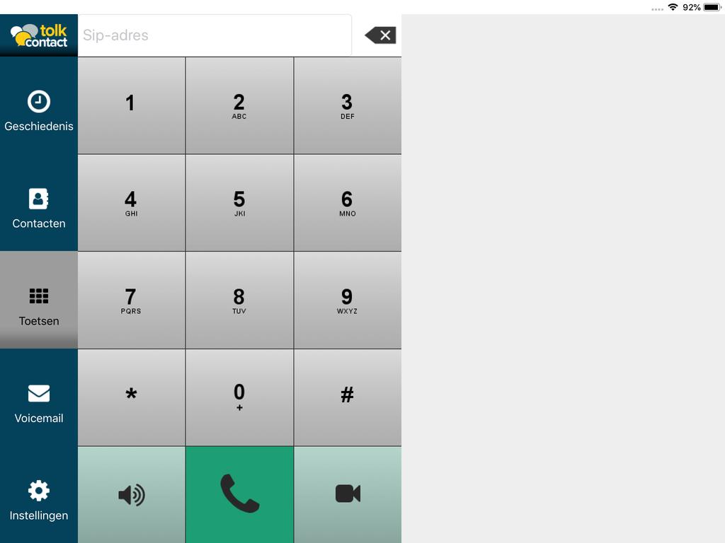 Toetsen 1. Gebruik een SIP-adres om te bellen. 2. Klik in het typvakje waar het woord sip-adres getoond wordt, dan wordt het nummerieke toetsenbord getoond. 3.