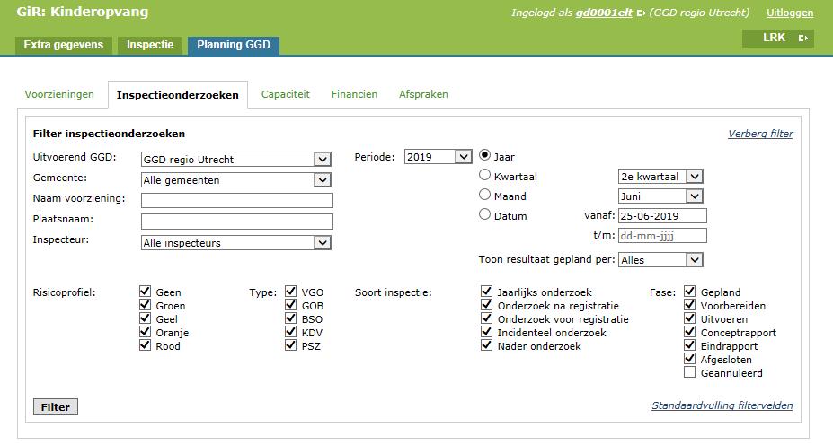 3.1 Filteren van inspectieonderzoeken Ook hier is een filter waarmee u gemakkelijk inspectierapporten vindt. U kunt filteren op: GGD: staat standaard op uw eigen GGD.
