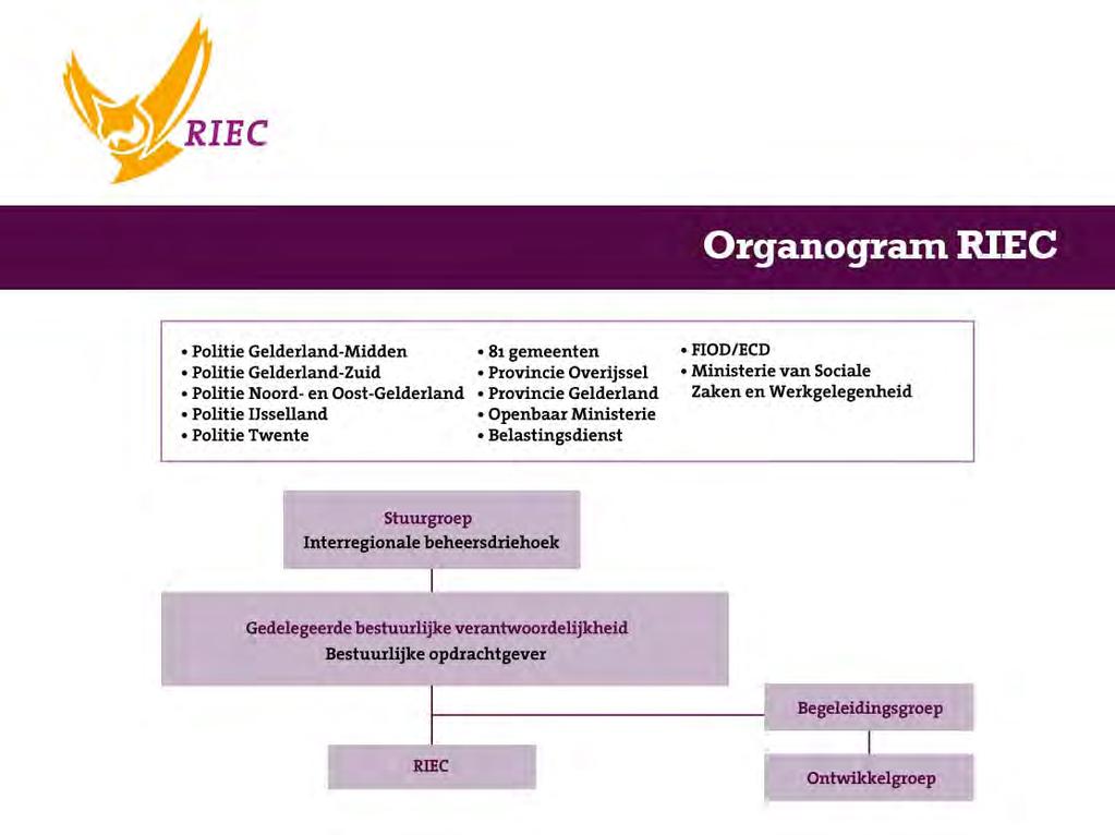 Huidige Organogram RIEC ON De interregionale driehoek is in ON eigenlijk een vijfhoek + belastingdienst. De stuurgroep heeft de eigenlijke verantwoordelijkheid, maar deze is gedelegeerd.