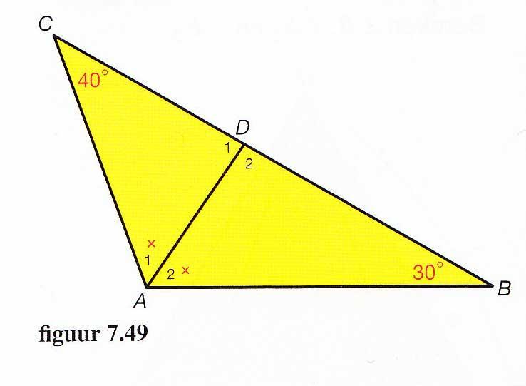 7.3 Hoeken berekenen in driehoeken [3] Voorbeeld: In ABC is B = 30, C = 40 en AD is de bissectrice van A. Bereken D 1 en D 2.