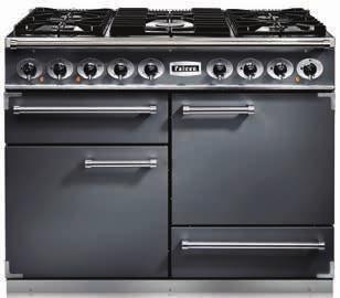 DELUXE KENMERKEN 2 Ovens: L: Multifunctionele hoofdoven R: Hetelucht oven (hoge oven op 900/1000 modellen) Aparte Glide-Out Grill met 4-standen rooster (twee elementen) 5 Branders, inclusief een