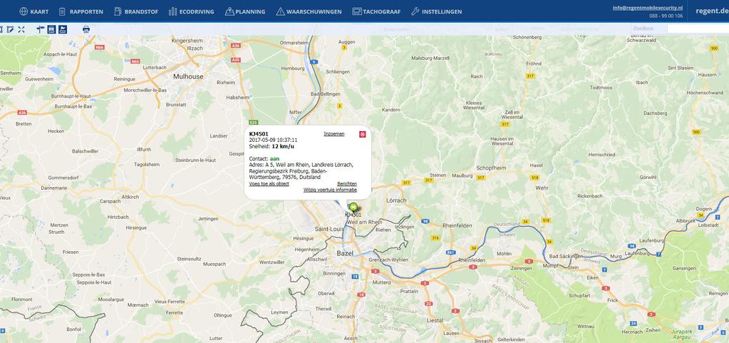 Live actuele locatie bekijken Zowel op het online platform als op de mobile App kijkt u naar de actuele locatie van uw object.