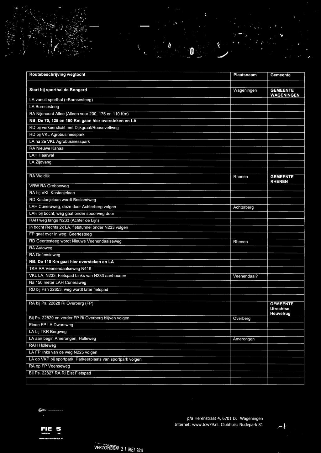 .. ~ ' j Routebeschrijving wegtocht Plaatsnaam Gemeente Start bij sporthal de Bongerd Wageningen GEMEENTE WAGENINGEN LA vanuit sporthal (=Bornsesteeg) LA Bornsesteeg RA Nijenoord Allee (Alleen voor