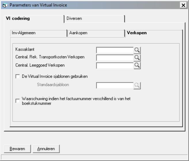 Specificeer de te gebruiken kassaklant voor het inboeken van facturen zonder bankrekening en BTW-nummer. Specificeer de centraliserende rekeningen voor de transportkosten en leeggoed op verkopen.