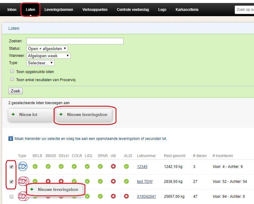 Groothandel Interface v6 dd 21.08.2019 9 Leveringsbonnen Een lot of een bepaald gewicht ervan kan eenvoudig toegevoegd worden aan een leveringsbon in het overzicht van de loten.