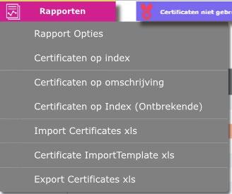 Via de knop [RAPPORTEN] kun je ook voor de optie kiezen [Certificaten op Index (ontbrekende)] en je krijgt een rapport als hieronder getoond.