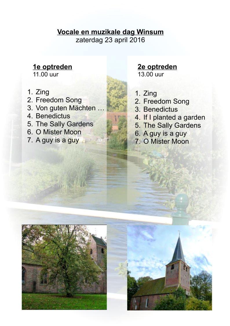 Obergum Winsum Het Warffums mannenkoor heeft op 23 april deelgenomen aan de Vocale en Muzikale Dag in Winsum. Er werd op twee lokaties gezongen. Om 11 uur in de kerk te Obergum en om 13.