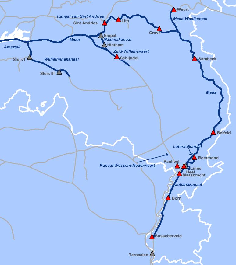 Hoofdstuk 2 Onderzoeksgebied Het onderzoeksgebied van dit project behelst zowel de zogenaamde Noord-Zuid route van de Maas, als de West-Oost route van dezelfde rivier.
