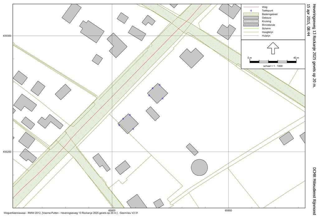 Bijlage 2: Rekenmodel Overzicht model op de onderzochte locatie Heveringseweg Heveringseweg 13 Rockanje nieuwbouw nieuwbou Invoergegevens: Weg: Heveringseweg Totale etmaalintensiteit 2025: 5289