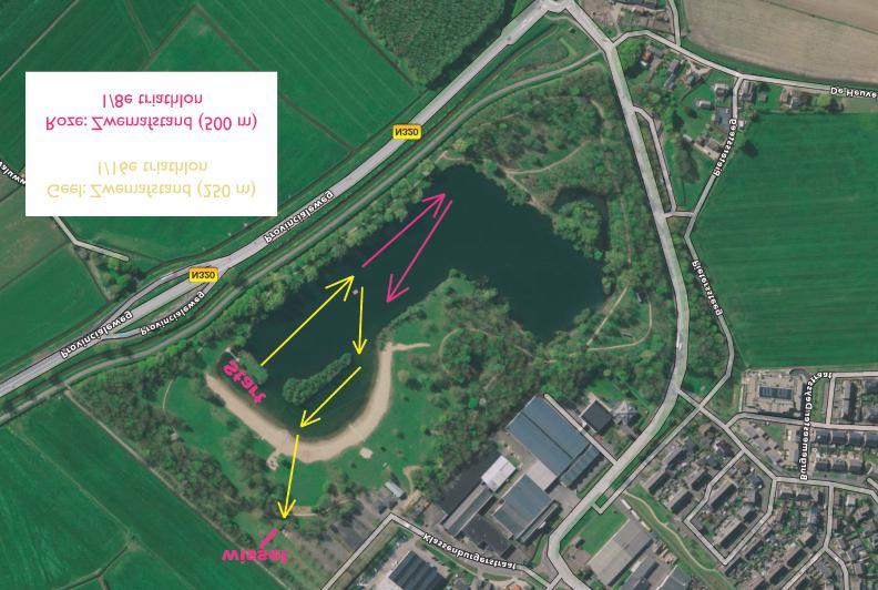 geel = 1/16e roze = 1/8e Zwemmen Het zwemmen vindt plaats in de recreatieplas De Meent bij Beusichem. Het parcours wordt afgezet met grote boeien van de Vrouwentriathlon.