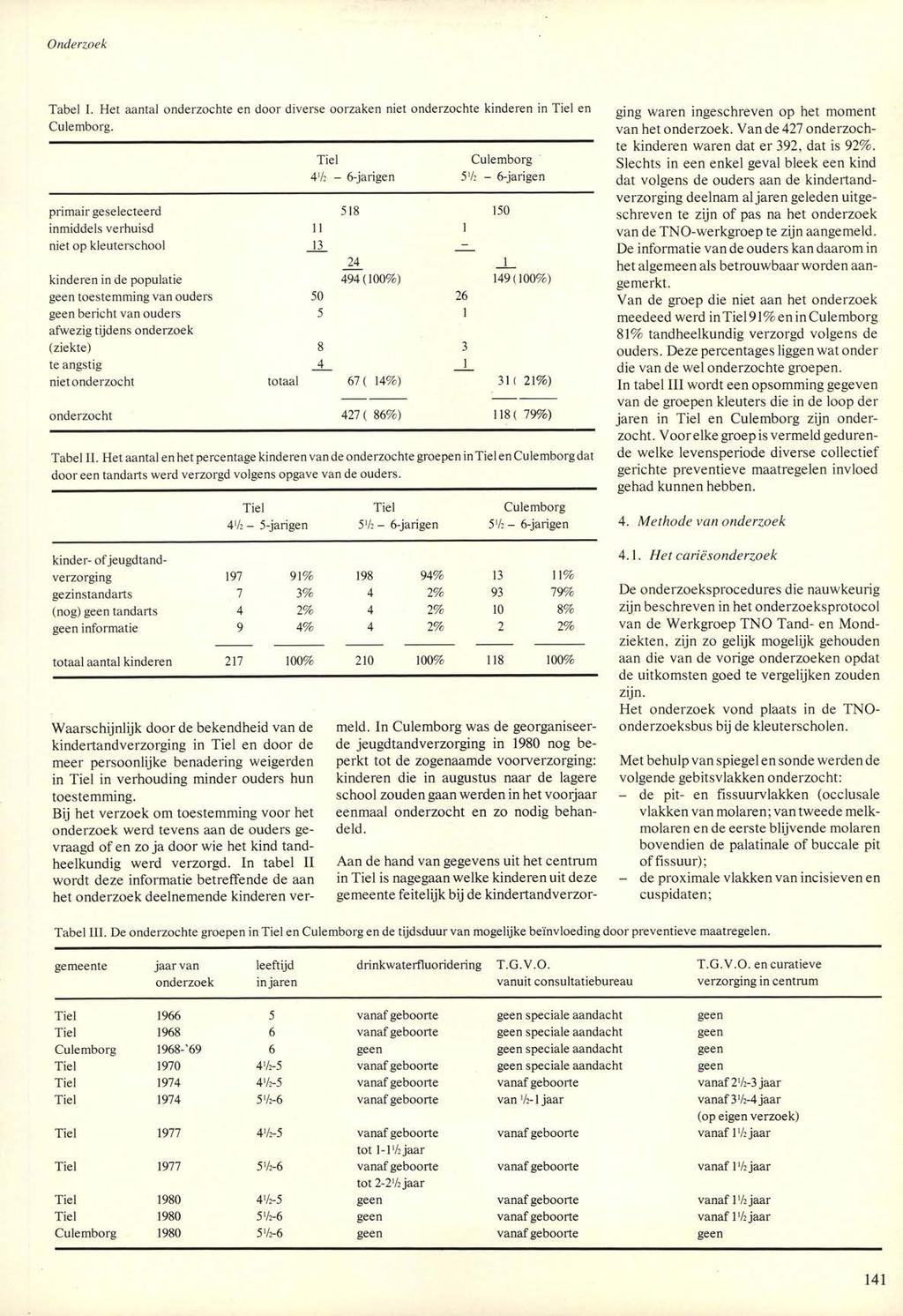 Tabel I. Het aantal onderzochte en door diverse oorzaken niet onderzochte kinderen in Tiel en Culemborg.