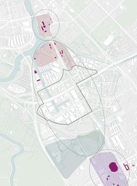 Verbinden met omliggende buurten De context is divers: stedelijk gemengd aan de Wibautas, hoogwaardig wonen in Watergraafsmeer en Rivierenbuurt, het landschap van de Amstelscheg.