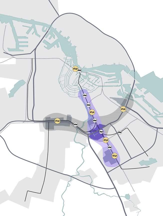 STEDELIJKE CONTEXT In Overamstel komen de kwaliteiten van de Amstelcorridor en de Zuidas samen. Tegelijkertijd is het gebied versnipperd door barrières.