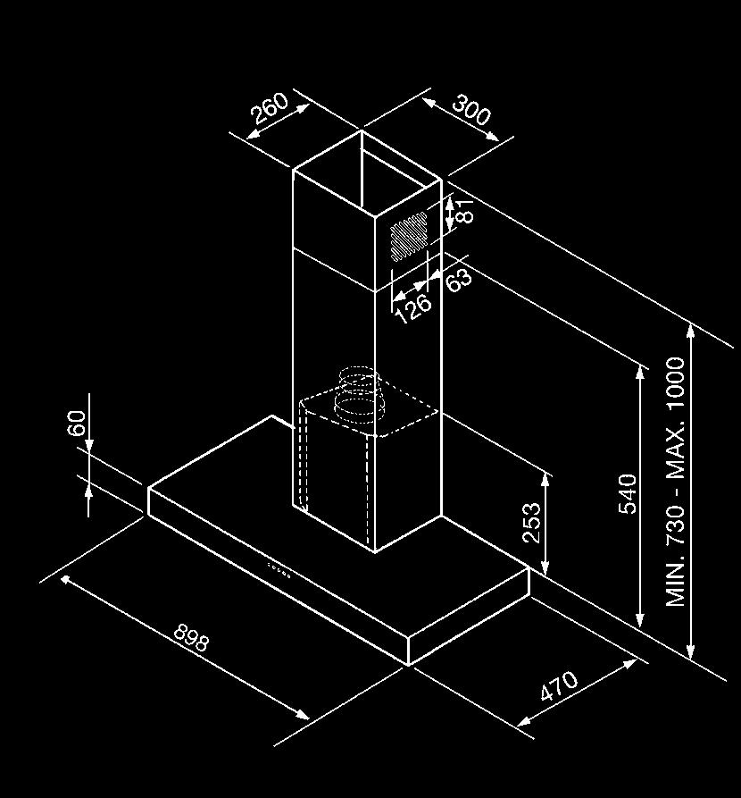 PO: 665 m³/u Elektronische bediening Controle verzadiging metaalfilters Autostop functie na 10 minuten Inox vetfilters Snelheid I II III INT Opening luchtafvoer Ø 150 mm Nominaal vermogen: 240 W