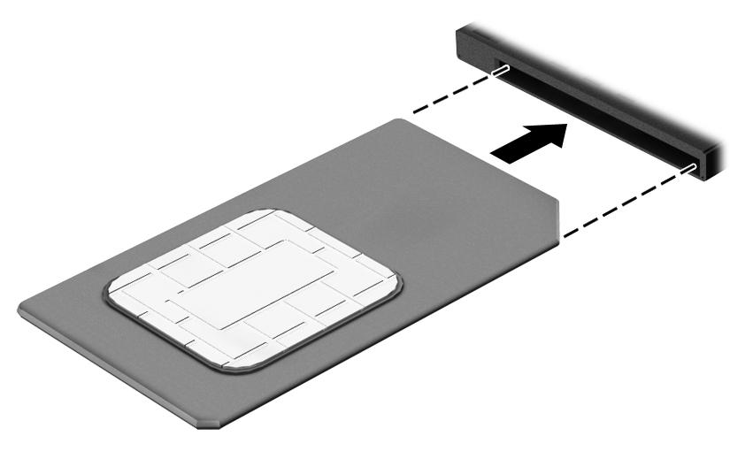 7. Plaats de SIM-kaart in het SIM-kaartslot en druk de SIM-kaart aan totdat deze stevig vastzit. OPMERKING: De SIM-kaart in uw computer kan er iets anders uitzien dan op de afbeelding in dit gedeelte.