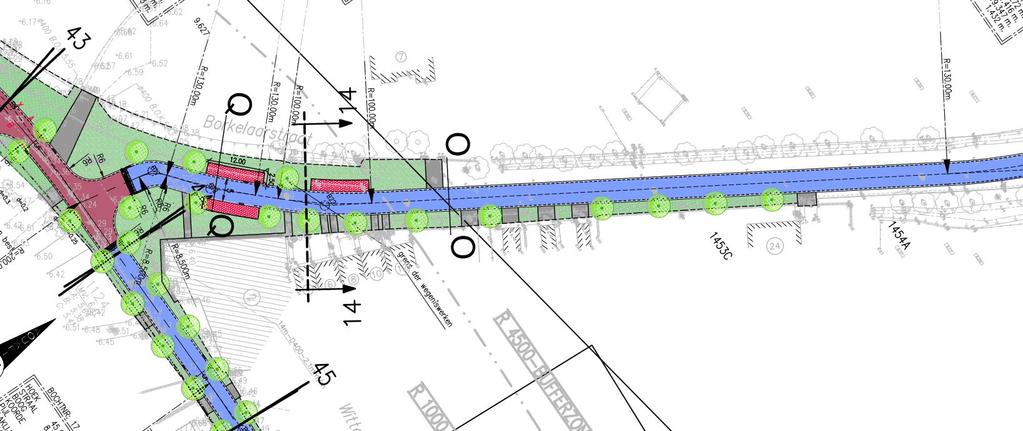 Krachtlijnen van het ontwerp Borkelaarstraat Parkeerplaatsen Rijweg van 5 meter breed in asfalt