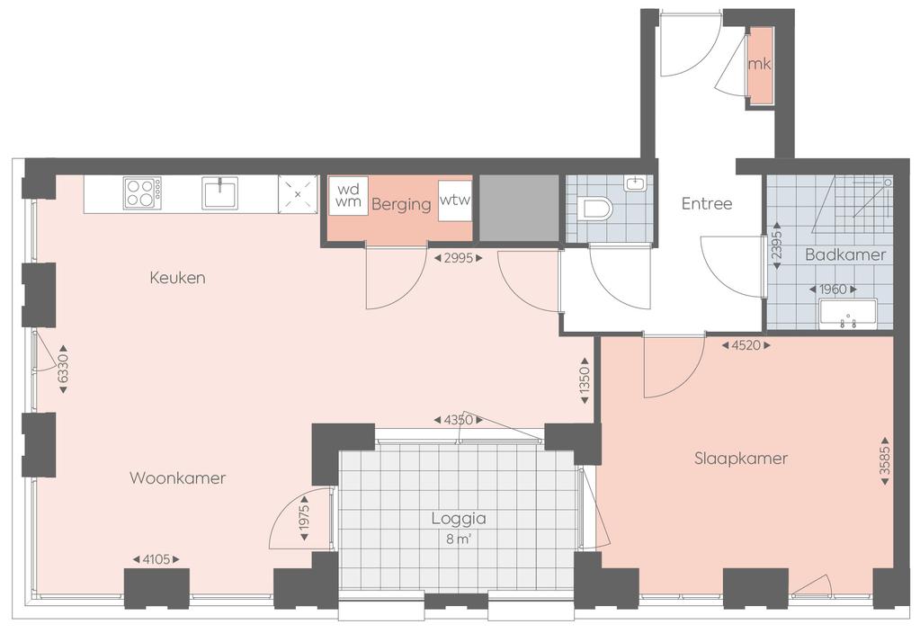82 m 2 Ruime woonkamer met open keuken en deur naar de loggia Witte keuken in hoekopstelling incl.