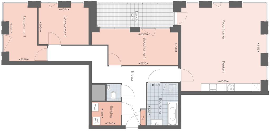 zwart composiet blad en Siemens inbouwapparatuur: afzuigkap, vaatwasser, combi oven en 3 slaapkamers waarvan 1 met deur naar het balkon adkamer met wastafel, douche en ligbad 2 bergingen waarvan 1