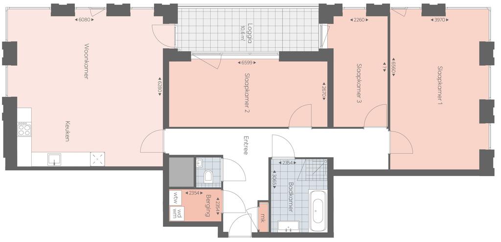 WOIGTYPE MORCH III J2 J3 2 e 11-8 1 e 11 Woonoppervlakte ca. 125 m 2 Ruime woonkamer met open keuken en deur naar het balkon Witte keuken in hoekopstelling incl.