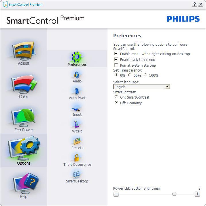 Menu Options (Opties) Options (Opties) > Preferences (Voorkeuren)- Is alleen actief als u Preferences (Voorkeuren) kiest uit het vervolgkeuzemenu Options (Opties).