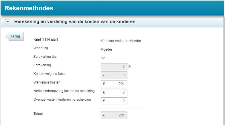 Klik op Bevestigen. Nu verschijnt de uiteindelijke berekening en verdeling van de kosten van de kinderen.