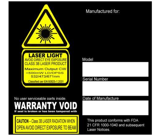Combolabel met het productmodelnummer, serienummer, datum van fabricatie, waarschuwingslabel voor laserlicht, garantieverlieszegel en