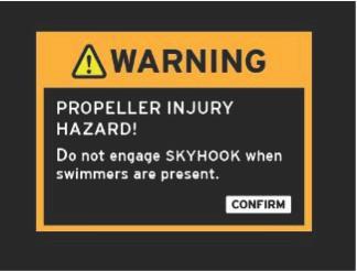 Als u op de Skyhook-knop op de Autopilot-trackpad hebt gedrukt, wordt de popup met de Skyhook-waarschuwing op VesselView weergegeven.