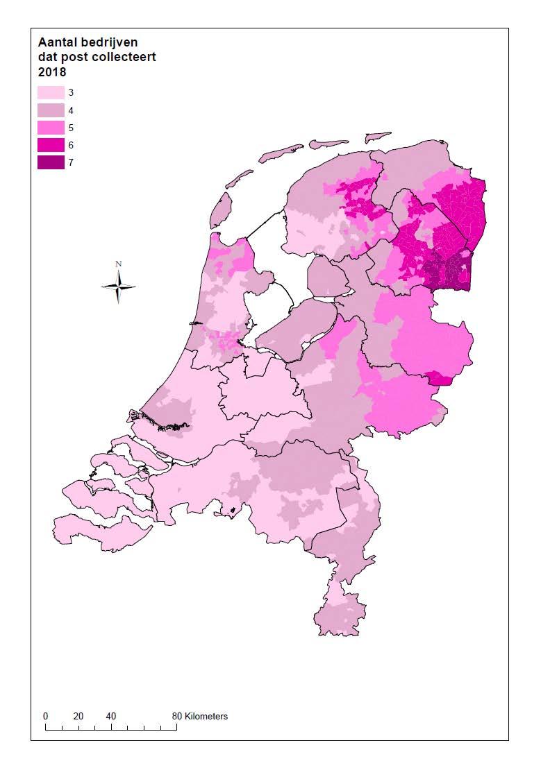 onderstaande kaart van Nederland is aangegeven hoeveel postvervoerbedrijven in een