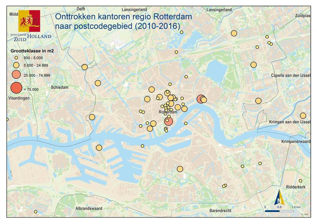 Monitor kantorenmarkt Zuid-Holland 2017 15 Figuur 16: Onttrokken kantoren regio Rotterdam naar postcodegebied (2010-2016) Conclusies 1.