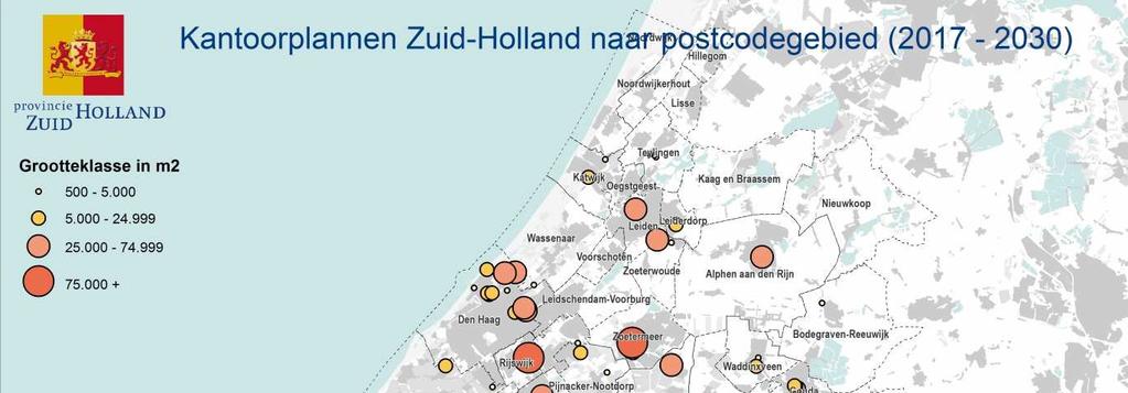 Monitor kantorenmarkt Zuid-Holland 2017 6 Figuur 2: Kantoorplannen in Zuid-Holland naar postcodegebied (2017-2030) Plancapaciteit in elke regio afgenomen ten opzichte van nulmeting Het aantal