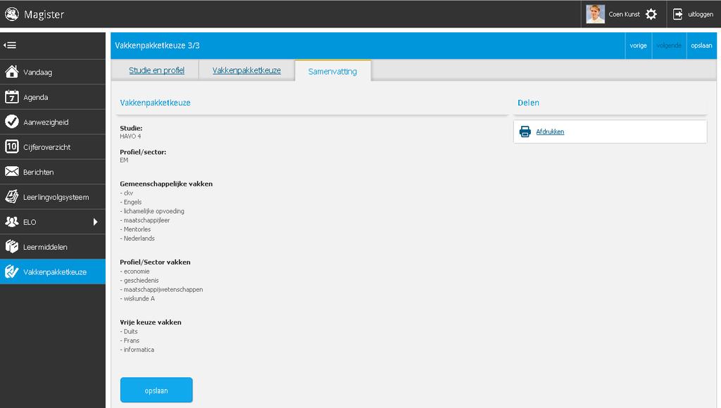3. Samenvatting In de laatste stap is een samenvatting te zien van het gekozen vakkenpakket.