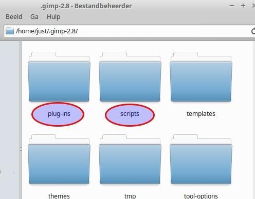 Die punt! Lezers die al wat thuis zijn in deze materie is de punt na /home/just/ vast meteen zijn opgevallen. De naam van de map gimp-2.8 begint met een punt!