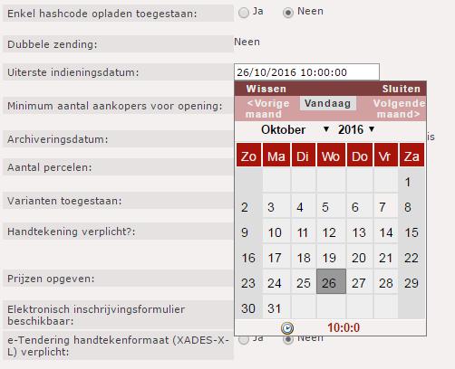 Open het dossier in e-tendering (zie Hoe een dossier terugvinden in e-tendering? ) Open het tabblad Parameters Klik in het veld Uiterste indieningsdatum en stel het tijdstip voor de eerste opening in.