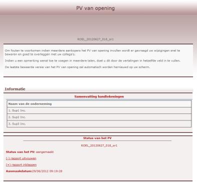 Een nieuw venster verschijnt met daarin het automatisch gegenereerde PV, dat onderverdeeld is in verschillende secties.