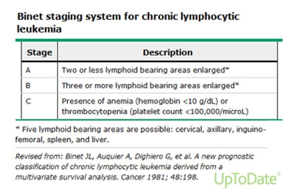 lymfocytose 5x10^9/L B- lymfocyten, cytopenie, hypogammaglobulinemie, LDH, beta-2 microglobuline Immuunfenotypering: CD19,