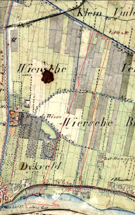 Afbeelding 6.2 Uitsnede Topogrfische militaire kaart (veldminuut), 1849 Watwaswaar.nl, met in rood de demarcatielijn In afbeelding 6.3 is de kadastrale situatie van de periode 1811-1832 weergegeven.
