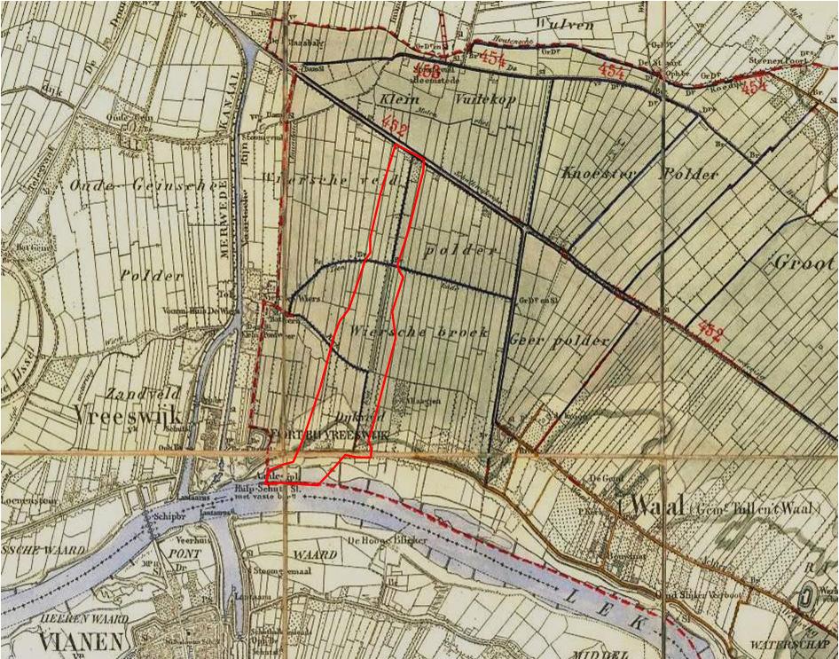 Afbeelding 6.4 Uitsnede inundatiekaart van het gebied ten oosten van Vreeswijk, circa 1910. Het met rode streepjeslijn begrensde donkere gebied is het inundatiegebied.