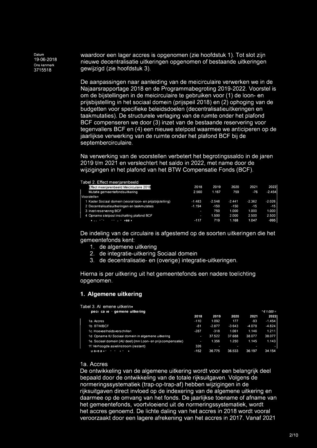 Voorstel is om de bijstellingen in de meicirculaire te gebruiken voor (1) de loon- en prijsbijstelling in het sociaal domein (prijspeil 2018) en (2) ophoging van de budgetten voor specifieke