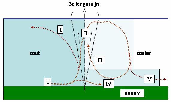 Figuur 4.1 Zoutlekbeperkende werking luchtbellenscherm op zout-zoet overgang (geopende sluisdeur) in verticale langsdoorsnede van een kolk.